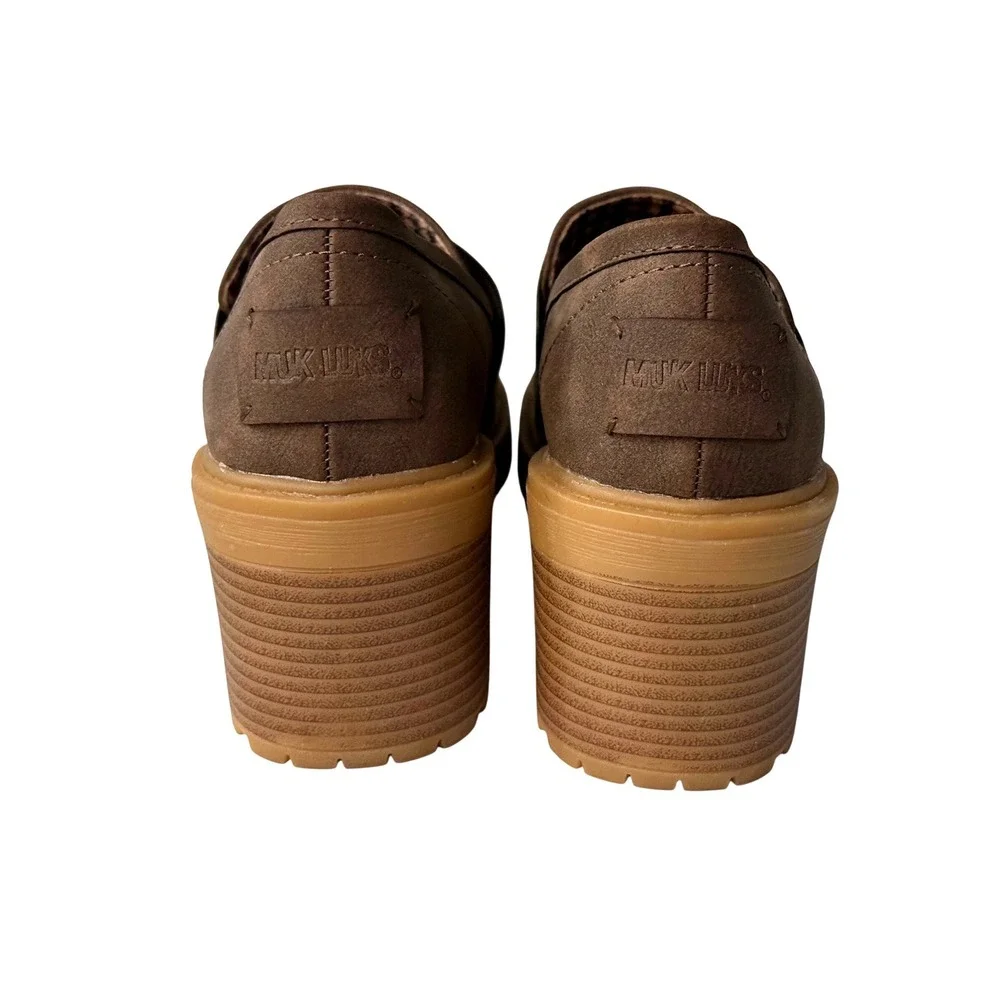 Muk Luks Womens Brown Faux Suede Chunky Block Heel Lug Sole Loafers Size 9